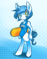 Size: 800x1000 | Tagged: safe, artist:thisis913, oc, oc only, oc:913, pony, bipedal, clothes, looking at you, one-piece swimsuit, ponysona, solo, surfboard, swimsuit