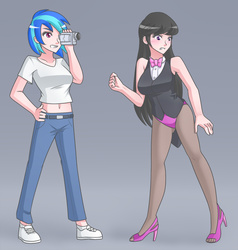 Size: 1280x1347 | Tagged: safe, artist:jonfawkes, dj pon-3, octavia melody, vinyl scratch, human, g4, background human, belly button, belt, bowtie, clothes, commission, embarrassed, hand, high heels, humanized, leotard, long hair, midriff, pants, shoes, short shirt, simple background, stockings, video camera