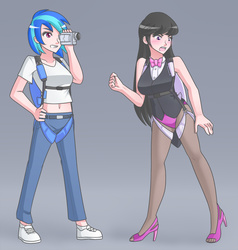 Size: 1280x1347 | Tagged: safe, artist:jonfawkes, dj pon-3, octavia melody, vinyl scratch, human, g4, background human, belly button, clothes, costume, embarrassed, high heels, humanized, leotard, midriff, octavia is not amused, parachute, stockings, unamused, video camera