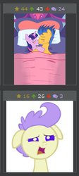 Size: 163x365 | Tagged: safe, artist:3d4d, artist:viraljp, cream puff, flash sentry, twilight sparkle, alicorn, pony, derpibooru, g4, baby, baby pony, bed, blushing, cuddling, exploitable meme, female, juxtaposition, kissing, male, mare, meme, meta, ship:flashlight, shipping, snuggling, straight, twilight sparkle (alicorn), worried