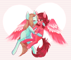 Size: 900x761 | Tagged: safe, artist:chokico, oc, oc only, pegasus, pony, unicorn, blushing, female, floating, lesbian, mare, nuzzling, ponysona, shipping, smiling