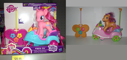 Size: 1699x809 | Tagged: safe, pinkie pie, scootaloo, scootaloo (g3), g3, g4, comparison, crack is cheaper, female, g3 to g4, generation leap, irl, photo, recolor, scooter, toy