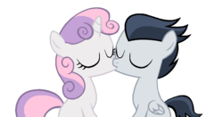 Size: 938x491 | Tagged: safe, artist:lunaticdawn, rumble, sweetie belle, pegasus, pony, unicorn, g4, colt, eyes closed, female, filly, foal, kiss on the lips, kissing, male, ship:rumbelle, shipping, straight