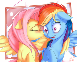 Size: 2500x2000 | Tagged: safe, artist:nobody47, fluttershy, rainbow dash, pegasus, pony, g4, blushing, duo, duo female, eyes closed, feather, female, floppy ears, high res, hug, lesbian, mare, nuzzling, open mouth, ship:flutterdash, shipping, shocked, winghug