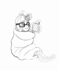 Size: 1197x1440 | Tagged: safe, artist:trickydick, moondancer, g4, blanket, blanket burrito, book, cute, female, magic, monochrome, reading, sketch, solo