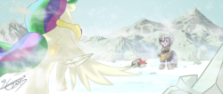 Size: 2901x1233 | Tagged: safe, artist:liracrown, princess celestia, g4, detailed, mountain, norse mythology, snow