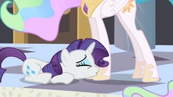 Size: 1280x720 | Tagged: safe, screencap, princess celestia, rarity, g4, sweet and elite, grovelling, hoof kissing