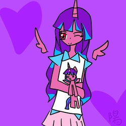 Size: 960x960 | Tagged: safe, artist:aimofei ricky, oc, oc only, human, doll, floating wings, heart, horn, horned humanization, humanized, humanized oc, toy, winged humanization, wink