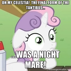 Size: 500x500 | Tagged: safe, sweetie belle, tantabus, do princesses dream of magic sheep, g4, my little pony: friendship is magic, exploitable meme, image macro, meme, pun, sudden clarity sweetie belle