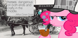 Size: 1126x550 | Tagged: safe, pinkie pie, horse, g4, bubble, bubble pipe, carriage, deerstalker, detective, hat, photo, pipe, quote, sherlock holmes, sherlock pie