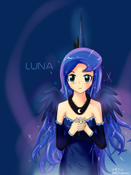 Size: 1200x1600 | Tagged: safe, artist:vanillafox2035, princess luna, human, g4, clothes, female, flower, horn, horned humanization, humanized, solo, winged humanization