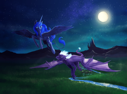 Size: 4720x3500 | Tagged: safe, artist:dalagar, princess luna, oc, oc:teurus, dragon, g4, canon x oc, flying, forest, moon, night, river, water