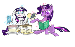 Size: 1024x643 | Tagged: safe, artist:pixernosse, rarity, twilight sparkle, g4, alternate hairstyle, book, mane swap, mirror, simple background, white background