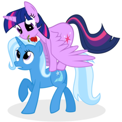 Size: 1280x1280 | Tagged: safe, artist:the smiling pony, trixie, twilight sparkle, alicorn, pony, g4, cute, female, lesbian, mare, mouth hold, ponies riding ponies, raised hoof, riding, rose, ship:twixie, shipping, simple background, transparent background, twilight riding trixie, twilight sparkle (alicorn)