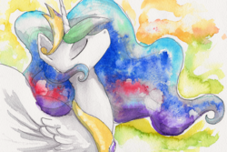 Size: 2560x1707 | Tagged: safe, artist:ruby, princess celestia, g4, eyes closed, female, solo, traditional art, watercolor painting