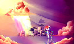 Size: 3937x2362 | Tagged: dead source, safe, artist:gianghanz, rainbow dash, g4, cloud, cloudy, crepuscular rays, dreamscape, female, high res, scenery, solo