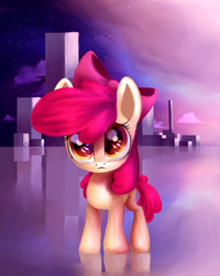 Size: 3149x3937 | Tagged: dead source, safe, artist:gianghanz, apple bloom, earth pony, pony, g4, adorabloom, city, cityscape, cute, dreamscape, female, high res, looking at you, solo