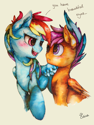 Size: 2448x3264 | Tagged: safe, artist:yellowrobin, rainbow dash, scootaloo, g4, blushing, female, high res, lesbian, ship:scootadash, shipping, traditional art, wing hands