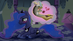 Size: 900x506 | Tagged: safe, artist:elementalokami, discord, princess luna, g4, bed, blushing, crying, female, heart, imagination, implied shipping, lamp, male, mouth hold, rose, scrunchy face, ship:lunacord, shipping, straight