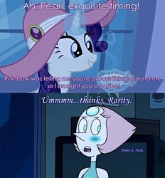 Size: 1425x1536 | Tagged: safe, edit, edited screencap, screencap, rarity, gem (race), pony, unicorn, g4, sweet and elite, blue blush, blushing, coffee, crack shipping, crossover, crossover shipping, diamond and pearl, duo, duo female, female, gem, image macro, implied interspecies, implied lesbian, implied rainbow dash, implied shipping, mare, meme, missing the point, oblivious, pearl, pearl (steven universe), photoshop, pun, raripearl, screencap comic, shipping, steven universe, thirsty