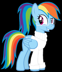 Size: 2067x2418 | Tagged: safe, rainbow dash, pegasus, pony, g4, black background, clothes, egghead, female, folded wings, glasses, high res, ponytail, rainbow dash always dresses in style, simple background, smiling, solo, sweater, turtleneck, vector, white, wings