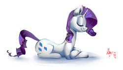 Size: 3528x2020 | Tagged: safe, artist:alumx, rarity, g4, eyes closed, female, high res, prone, smiling, solo