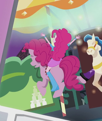 Size: 407x482 | Tagged: safe, screencap, pinkie pie, twilight sparkle, alicorn, equestria girls, g4, my little pony equestria girls: rainbow rocks, perfect day for fun, balloon, boots, bracelet, clothes, cropped, high heel boots, jewelry, merry-go-round, rear view, riding, self ponidox, self riding, skirt, twilight sparkle (alicorn)