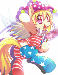 Size: 800x1028 | Tagged: safe, artist:caibaoreturn, fairy, fairy pony, original species, clownpiece, crossover, hat, jester hat, ponified, ruff (clothing), touhou