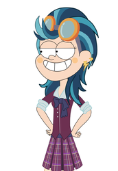 Size: 586x854 | Tagged: safe, artist:lindablack, indigo zap, equestria girls, g4, my little pony equestria girls: friendship games, crossover, female, goggles, gravity falls, male, solo, style emulation