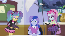 Size: 1279x722 | Tagged: safe, screencap, pixel pizazz, princess luna, vice principal luna, violet blurr, equestria girls, g4, my little pony equestria girls: friendship games, photo finished, didn't think this through, faic, frown, luna's office, oh crap face, scared, this will end fabulously, trio, wide eyes