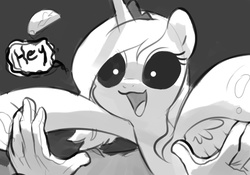 Size: 1176x825 | Tagged: dead source, safe, artist:imalou, princess luna, alicorn, human, pony, loony luna, g4, adoracreepy, astronaut, black sclera, creepy, cute, hand, it's a trap, jontron thread, luna and the nauts, monochrome, moon, offscreen character, planet, s1 luna, screwy eyes, space, this will end in hugs