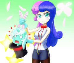 Size: 1264x1080 | Tagged: safe, artist:jumboz95, bon bon, lyra heartstrings, sweetie drops, pony, unicorn, all's fair in love & friendship games, equestria girls, g4, bowtie, breasts, bunny ears, busty bon bon, clothes, female, fishnet stockings, gloves, hat, magic, magic trick, mare, stars, top hat, wide eyes