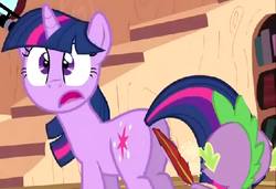 Size: 497x340 | Tagged: safe, edit, edited screencap, screencap, spike, twilight sparkle, dragon, pony, unicorn, g4, lesson zero, 1000 hours in ms paint, butt, female, mare, ms paint, plot, quill, tickling, twibutt