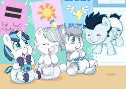 Size: 1248x883 | Tagged: safe, artist:artiecanvas, double diamond, shining armor, soarin', oc, oc:lokai, pony, g4, baby, cute, cutie mark diapers, diaper, foal, non-mlp oc, poofy diaper