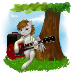 Size: 1000x1044 | Tagged: safe, artist:enigmatia, oc, oc only, oc:silver train, clothes, guitar, shirt, solo