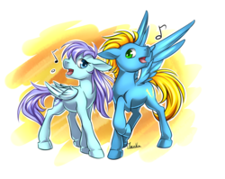 Size: 1024x815 | Tagged: safe, artist:moenkin, oc, oc only, oc:silver shine, oc:skybolt, pegasus, pony, duo, simple background, singing, transparent background
