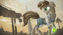 Size: 3200x1800 | Tagged: safe, artist:1nakir1, oc, oc only, oc:littlepip, pony, unicorn, fallout equestria, clothes, fanfic, fanfic art, female, jumpsuit, mare, pipbuck, ruins, single pegasus project, solo, vault suit, wasteland