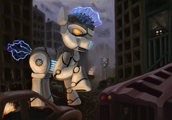 Size: 1280x896 | Tagged: safe, artist:horseez, robot, apocalypse, city, giant robot, post-apocalyptic, ruins, transformers