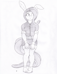 Size: 985x1292 | Tagged: safe, artist:joey darkmeat, fluttershy, pegasus, anthro, g4, bunny ears, clothes, dangerous mission outfit, female, monochrome, socks, solo, traditional art