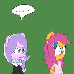 Size: 800x800 | Tagged: safe, artist:jake heritagu, diamond tiara, scootaloo, pony, comic:ask motherly scootaloo, g4, alternate hairstyle, apology, begging, clothes, dress, hairpin, motherly scootaloo, sorry, wham line
