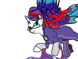 Size: 1600x1200 | Tagged: safe, artist:tanmansmantan, rarity, butterfly, butterfly pony, hybrid, pony, unicorn, g4, bayonetta, bayonetta (character), butterfly wings, clothes, cosplay, costume, crossover, ear piercing, earring, female, glasses, jewelry, piercing, rarinetta, simple background, solo, wings