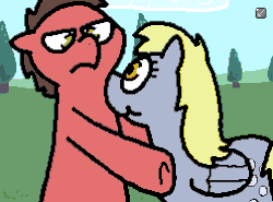 Size: 496x368 | Tagged: safe, artist:pokehidden, derpy hooves, oc, oc:big brian, earth pony, pegasus, pony, banned from equestria daily, g4, :t, animated, bipedal, confused, explicit source, eye contact, female, floppy ears, frame by frame, frown, glare, looking at each other, looking back, male, mare, smiling, spin, spinning, stallion, unamused, underhoof, you spin me right round