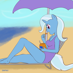 Size: 1000x1000 | Tagged: safe, artist:empyu, trixie, anthro, g4, 30 minute art challenge, beach, clothes, female, one-piece swimsuit, peanut butter, solo, swimsuit
