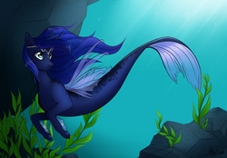 Size: 1024x711 | Tagged: safe, artist:fairdahlia, princess luna, alicorn, merpony, pony, g4, blue mane, crepuscular rays, crown, dorsal fin, female, fin wings, fins, fish tail, flowing mane, flowing tail, green eyes, horn, jewelry, looking up, mermaid tail, ocean, regalia, seapony luna, seaweed, solo, species swap, sunlight, swimming, tail, underwater, water, wings
