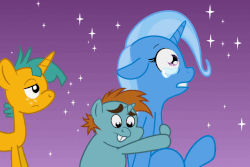 Size: 726x484 | Tagged: safe, artist:changeling #209458, snails, snips, trixie, pony, unicorn, g4, animated, colt, comforting, crying, female, foal, hug, male, mare, rose's scabbard, sad, scene interpretation, song in the comments, steven universe, trio, trixie's fans