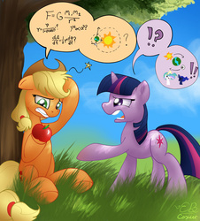 Size: 1447x1600 | Tagged: safe, artist:conicer, artist:elyonblade, applejack, princess celestia, princess luna, twilight sparkle, earth pony, pony, unicorn, g4, apple, argument, collaboration, confused, cowboy hat, differential equation, duo, earth, fancy mathematics, female, floppy ears, formula, frown, geocentric theory, grass, gravity, gritted teeth, hat, heliocentric theory, heresy, hoof hold, isaac newton, law of gravity, mare, math, moon, open mouth, pain, parody, physics, pictogram, science, sir isaac newton, sitting, speech bubble, sun, tree, under the tree, unicorn twilight