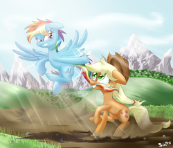 Size: 1500x1285 | Tagged: safe, artist:sintakhra, applejack, rainbow dash, g4, dirt road, hill, mountain, mouth hold, tail pull