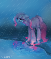 Size: 3000x3500 | Tagged: safe, artist:vincher, pinkie pie, g4, color loss, crying, female, high res, rain, reflection, sad, solo, teary eyes, water, wet mane