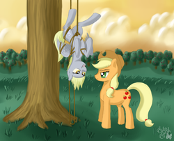 Size: 2409x1946 | Tagged: safe, artist:solarspark, applejack, derpy hooves, pegasus, pony, g4, applejack is not amused, female, i just don't know what went wrong, mare, rope, sweet apple acres, tangled up, tree, unamused