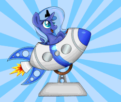 Size: 1001x839 | Tagged: safe, artist:flamevulture17, princess luna, alicorn, pony, g4, animated, blast off, crown, cute, female, filly, filly luna, jewelry, kiddie ride, luna's crown, lunabetes, open mouth, regalia, riding, rocket, s1 luna, simple background, solo, sunburst background, woona, younger